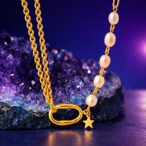 Freshwater Pearl Star Dainty Pendant Necklace 18K Gold Plated Stainless Steel